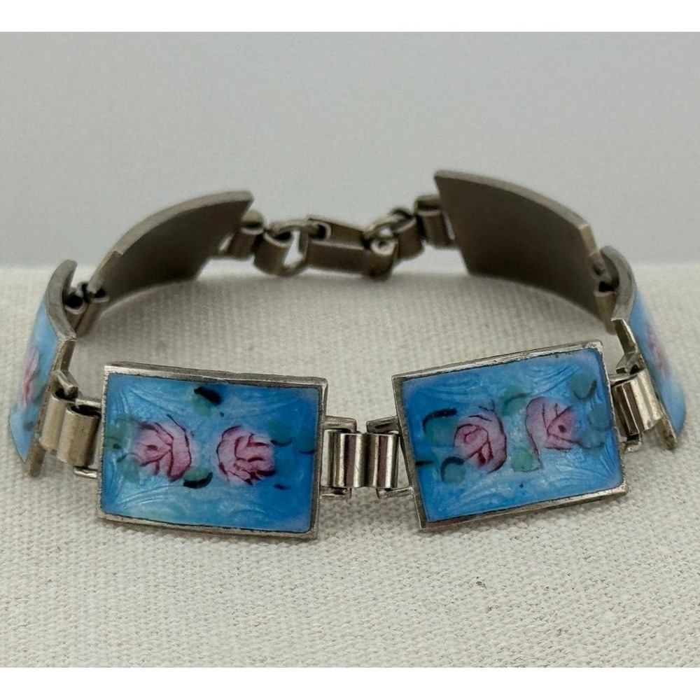 Vintage‎ Sterling Silver Enamel Rose Flower Link Bracelet
